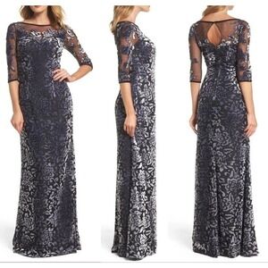 La femme Dress Size 6 Floral Burnout Velvet Column Gown 3/4 Sleeve Style #25521